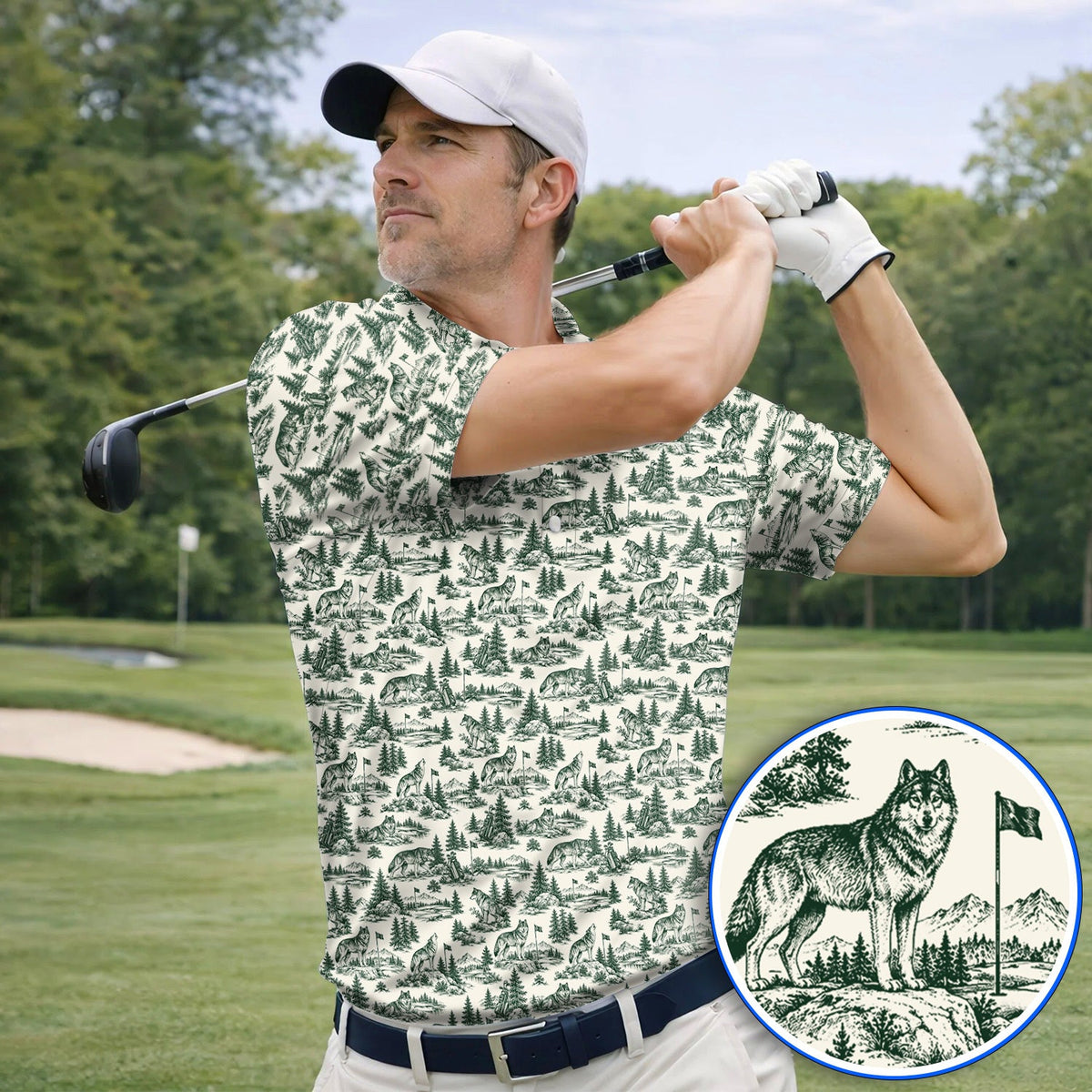 Vintage Wolf Golf Polos, Wilderness Wolf Pattern Golf Shirt, Nature Inspired Golf Gift for Golfers