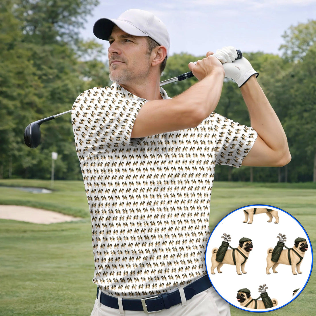 Pug Pattern Golf Polos, Funny Pug Golf Shirt, Dog Lover Golf Gift