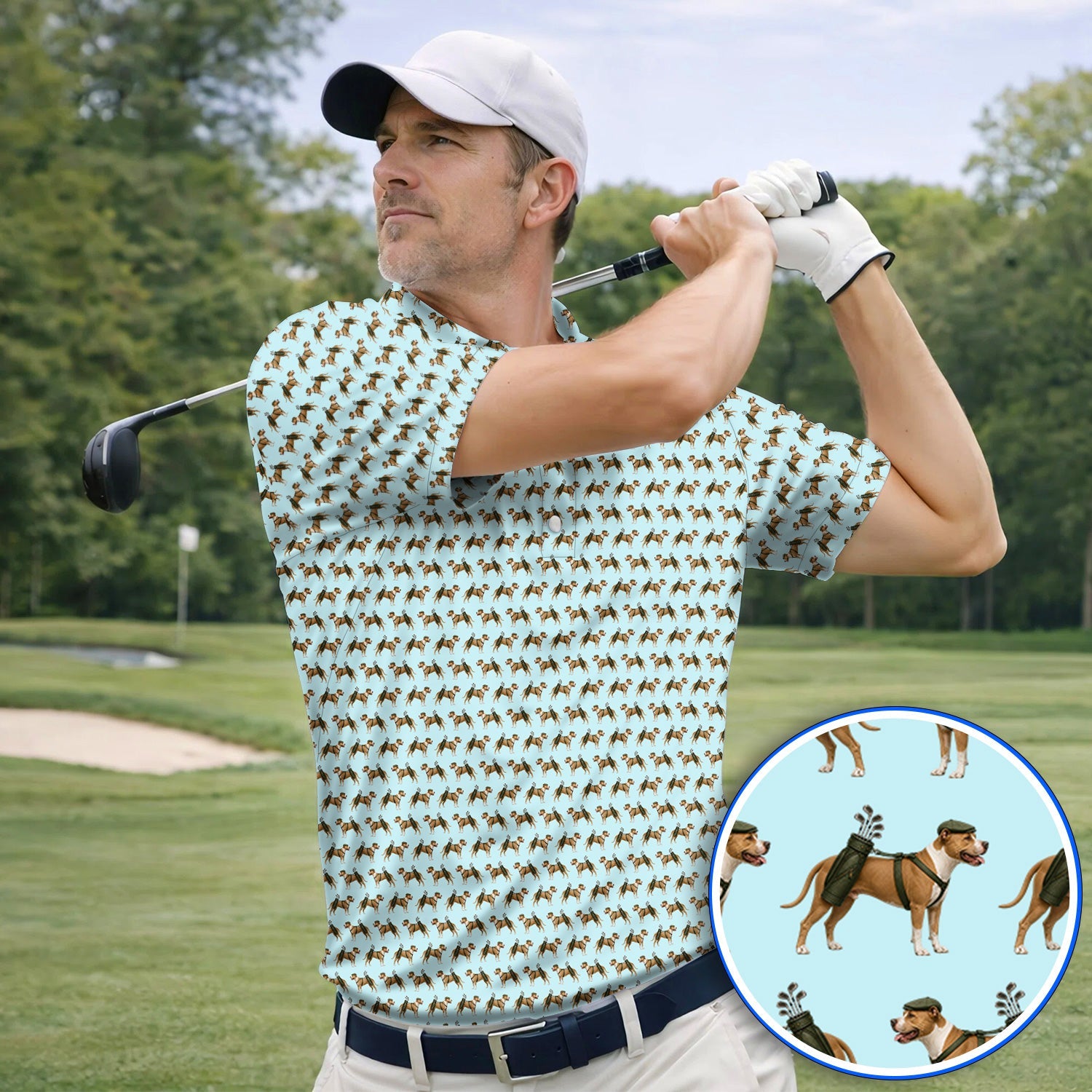Funny Pit Bull Terrier Golf Polos, Pit Bull Pattern Golf Shirt, Golf Gift for Dog Lovers
