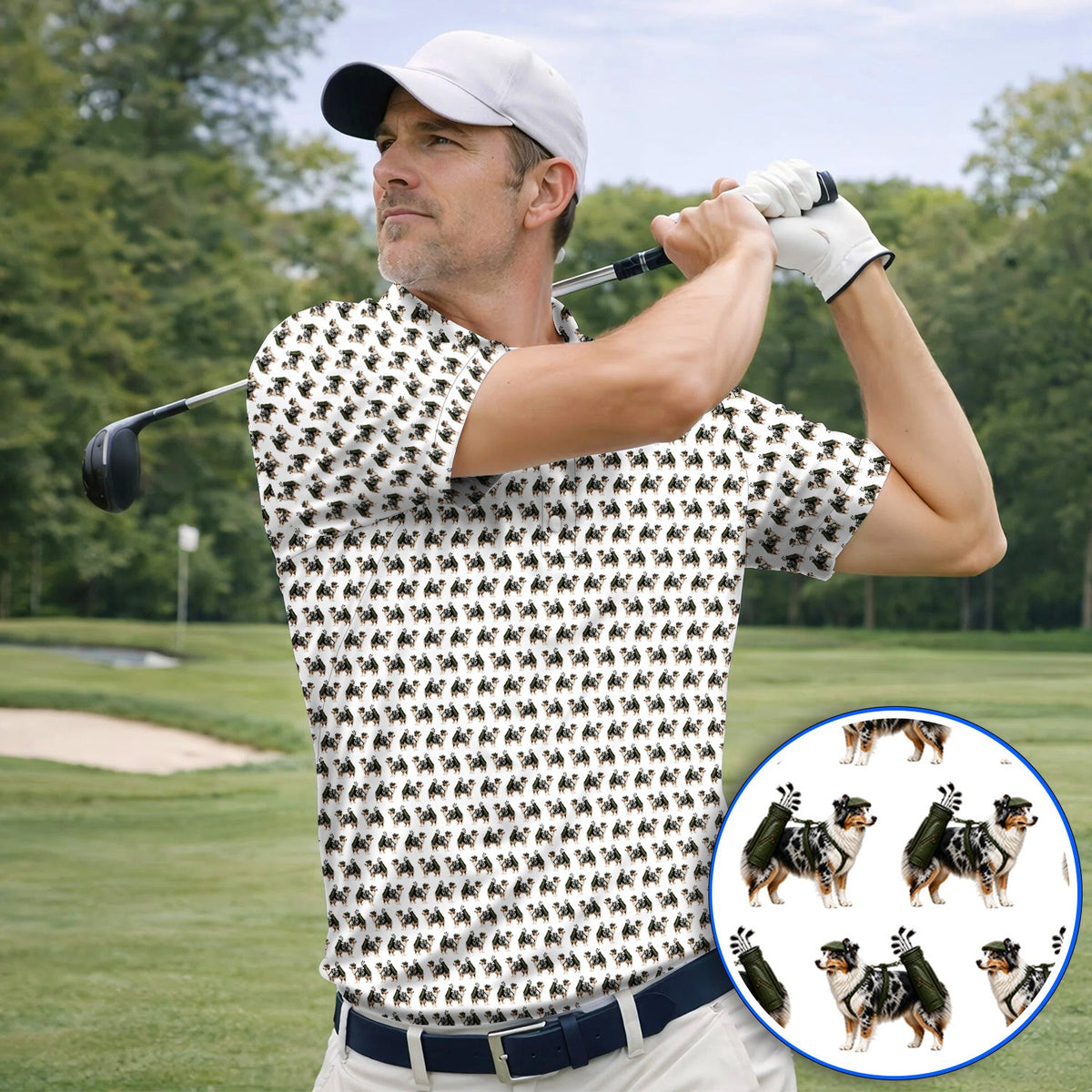Funny Australian Shepherd Golf Polos, Blue Merle Aussie Pattern Golf Shirt, Golf Gift For Golfer