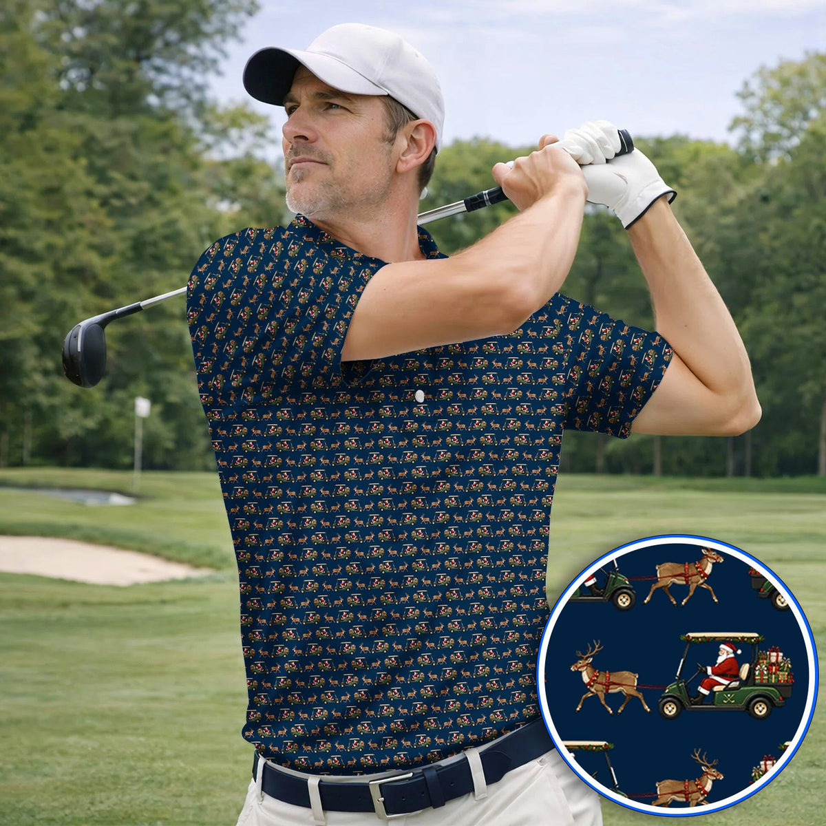 Santa Reindeer Golf Cart Polos, Xmas Pattern Golf Shirt, Crazy Christmas Golf Gift