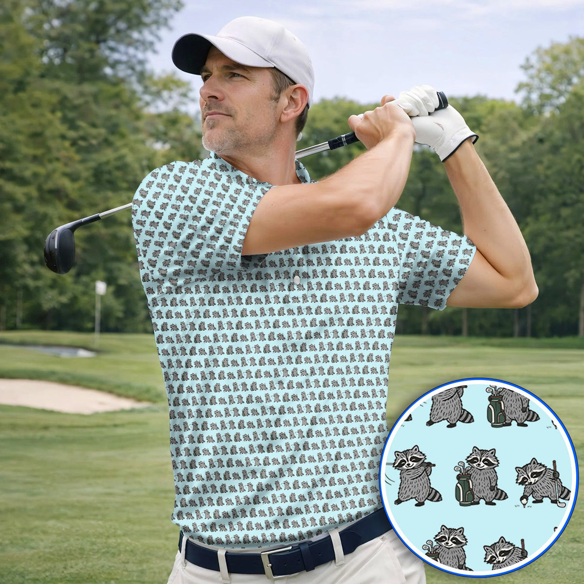 Funny Raccoon Golf Shirt, Cute Raccoon Golf Pattern Polos, Golf Gift for Golf Lovers