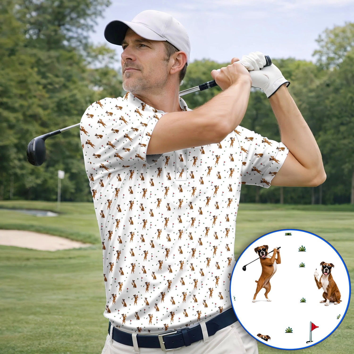 Funny Boxer Golf Swing Shirt, Boxer Golf Pattern Golf Polos for Dog Lovers, Golf Gift For Golfer