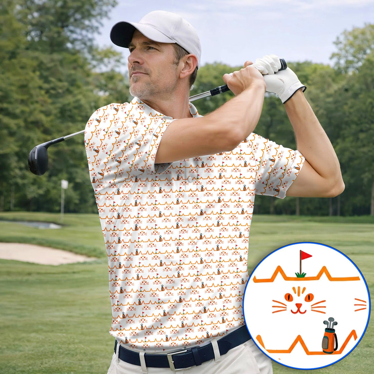Cat Lover Golf Shirt, Turquoise Cat Face & Golf Bag Pattern Golf Polos, Funny Kitty Golf Gift for Golfers