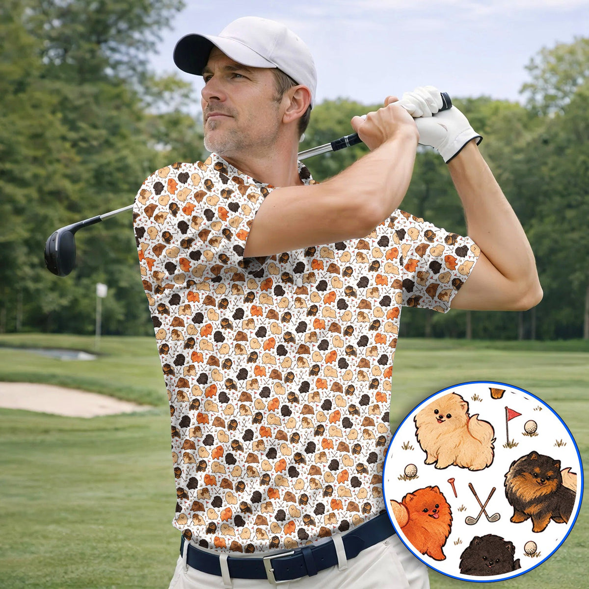 Funny Pomeranian Golf Polos, Pom Dog & Golf Pattern Shirt, Golf Gift For Golfer