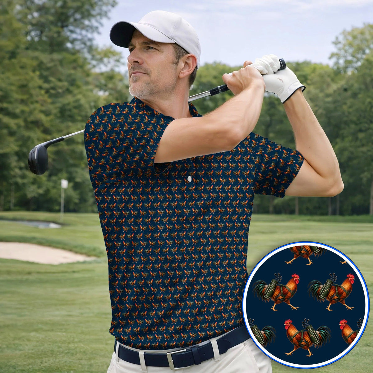 Rooster Pattern Golf Polos, Rooster Golf Shirt For Chicken Lovers, Golf Gift For Golfer