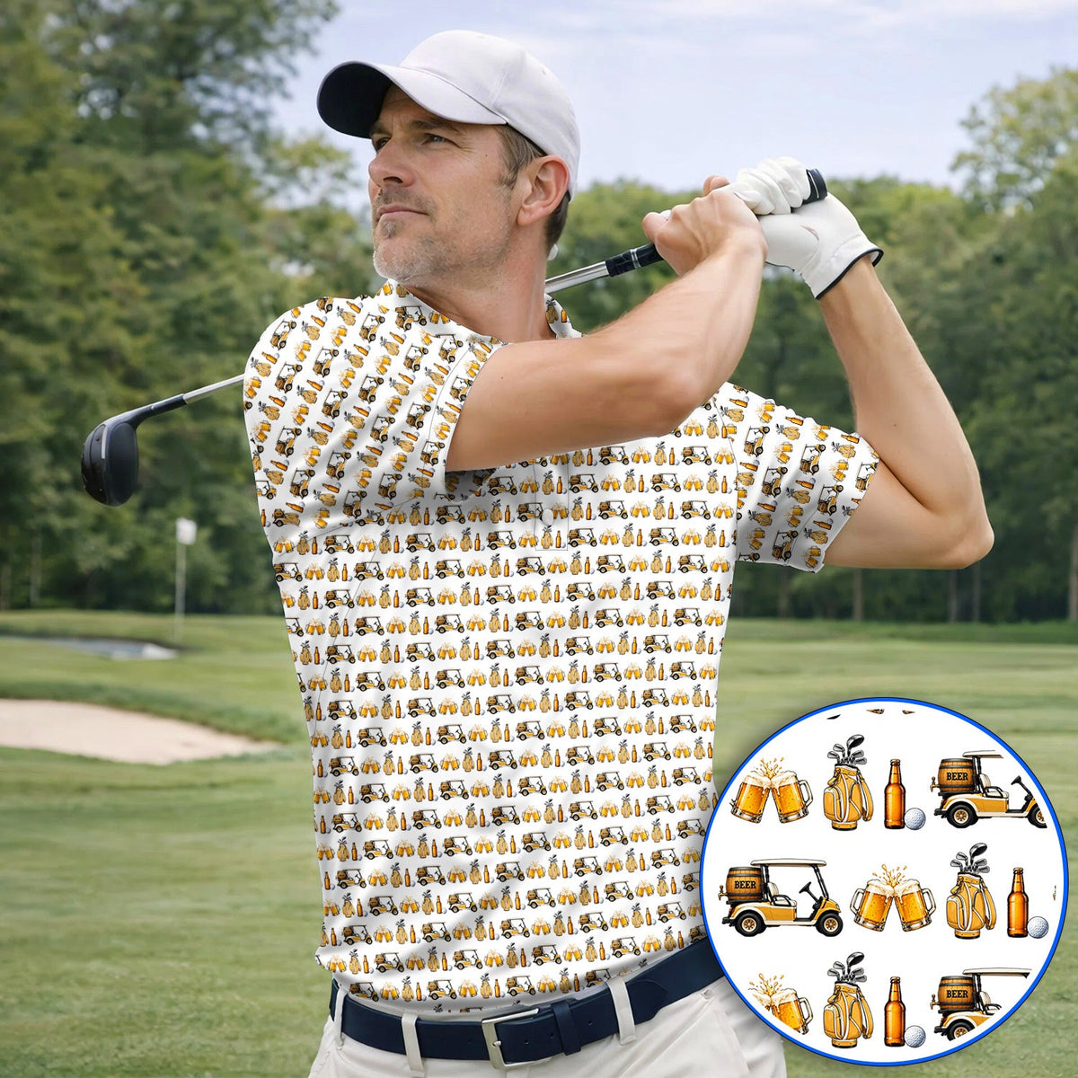 Golf & Beer Shirt, Funny Beer Golf Cart Pattern Golf Polos, Beer Golf Gift For Golfers