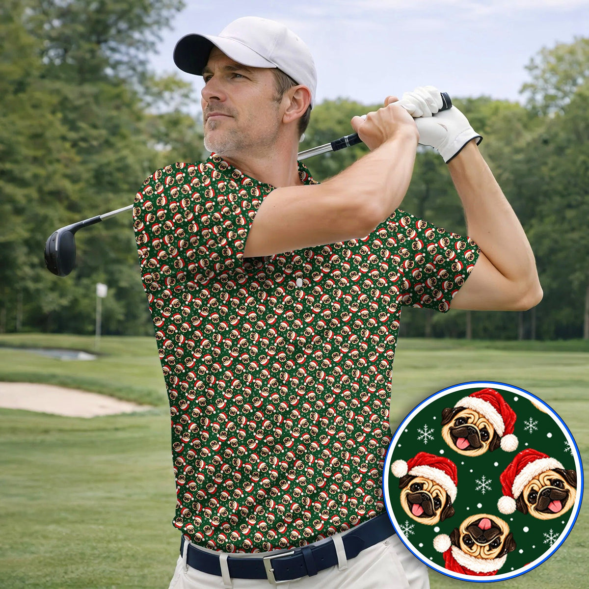 Funny Christmas Pug Golf Polos, Pug Pattern Golf Shirt For Dog Lovers, Xmas Golf Gift For Golfers