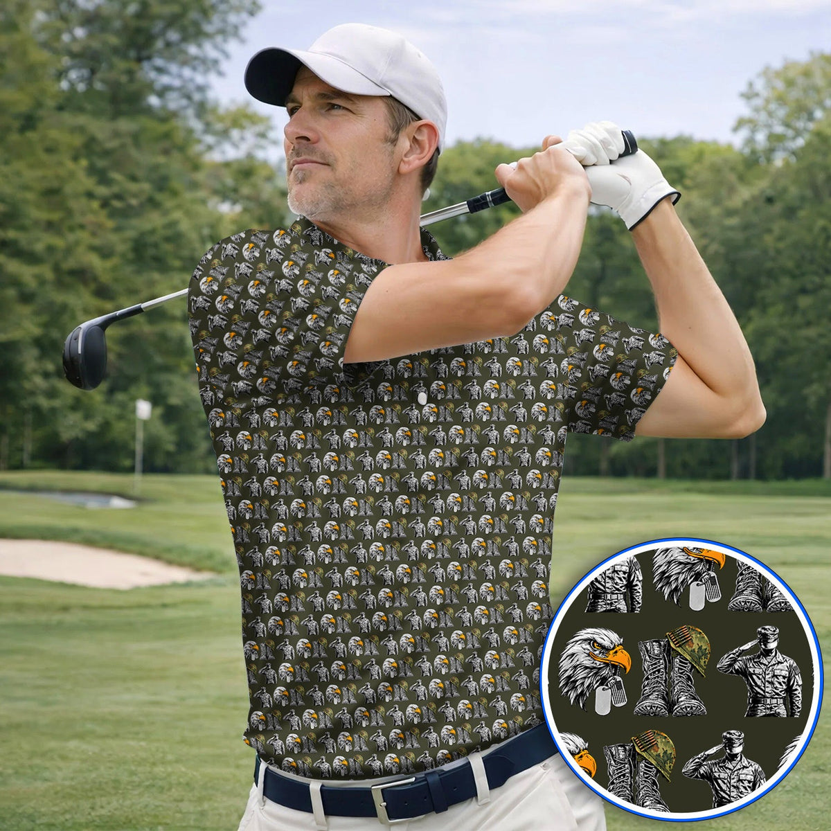 Veteran Eagle Golf Shirt, Military Soldier & Army Tribute Pattern Golf Polos, Patriotic Veterans Day Golf Gift for Golfer