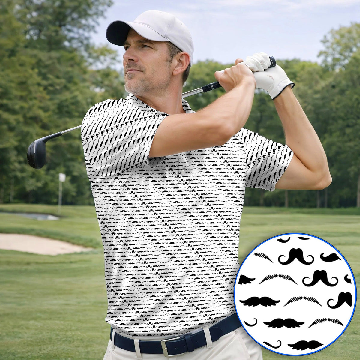 Funny Mustache Golf Polos, Movember Pattern Golf Shirt, Golf Gift for Golfers