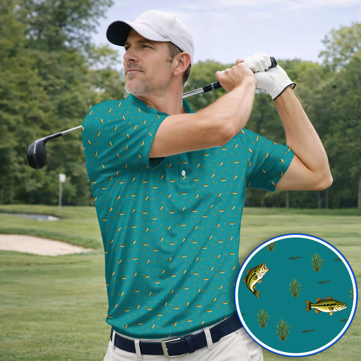 Crazy Bass Fishing Golf Shirt, Largemouth Bass Pattern Golf Polos, Golf Gift For Fishing Enthusiasts