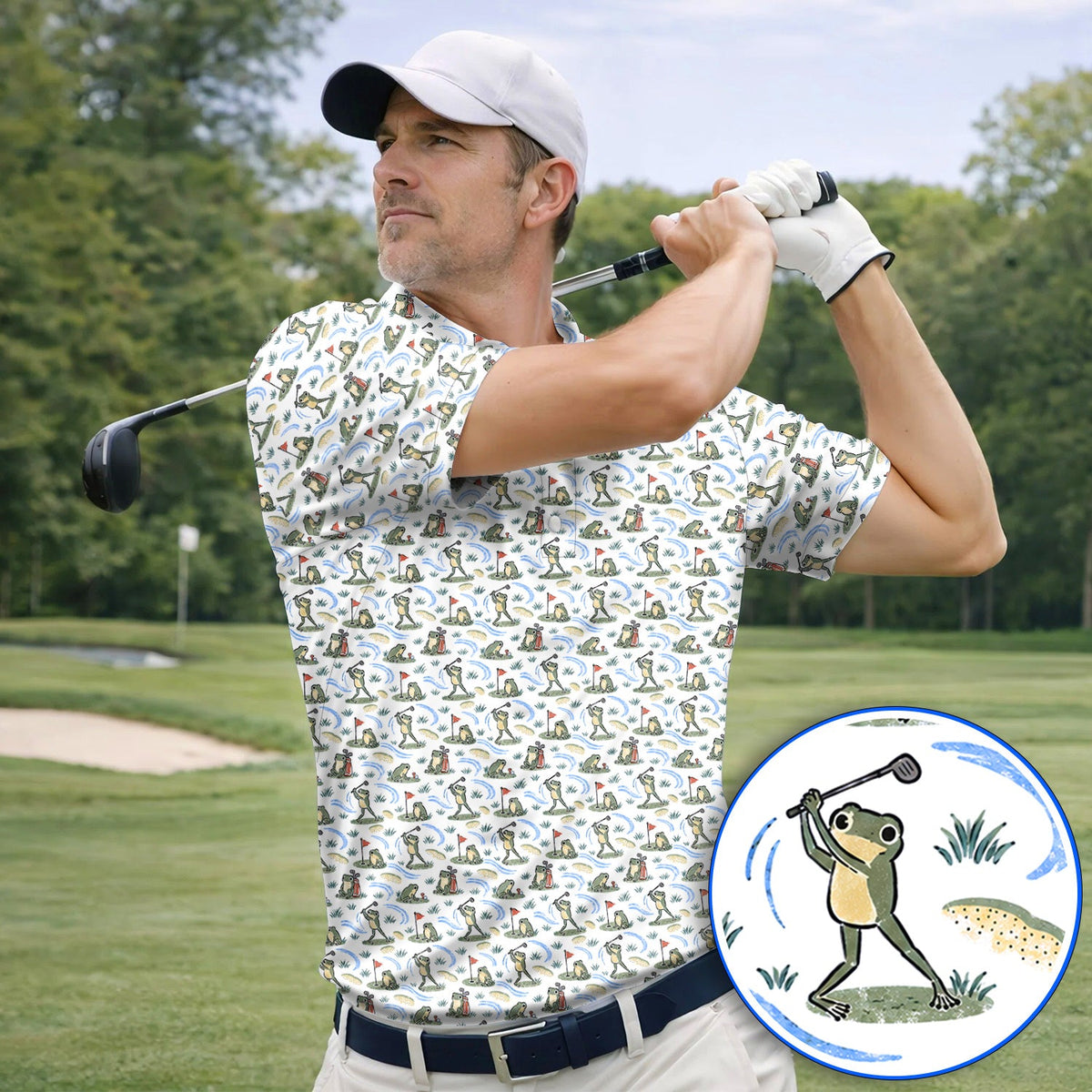 Playful Frog Golf Shirt, Vintage Frog Golf Pattern Polos, Golf Gift For Golf Lovers