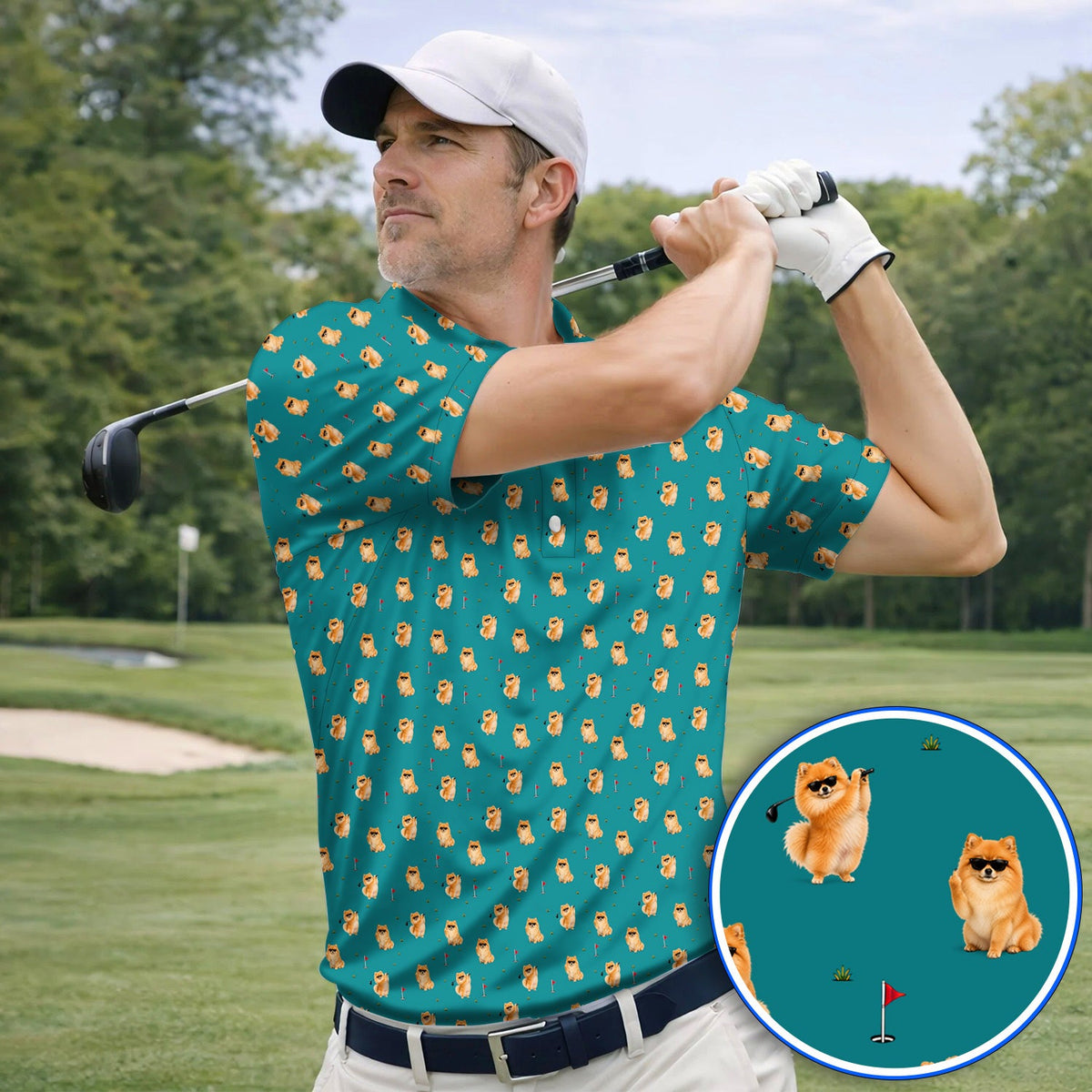 Golden Pomeranian Pattern Golf Polos, Cute Pomeranian Dog Golf Shirt, Golf Gift For Golfer
