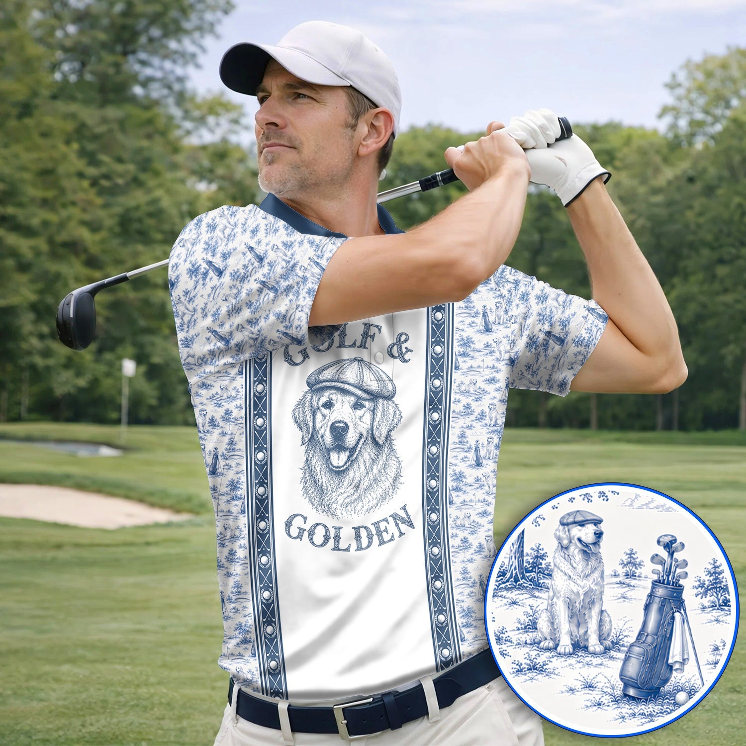 Golden Retriever Golf Shirt, Toile De Jouy Golden Pattern Golf Polos, Crazy Golf Gift For Golfer