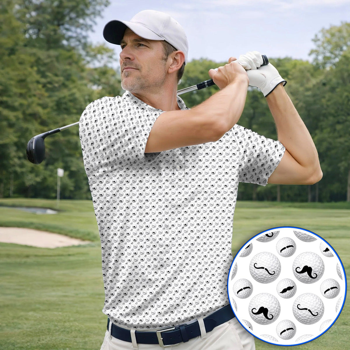 Mustache Golf Ball Polos, Funny Movember Golf Pattern Shirt, Gift for Golfers