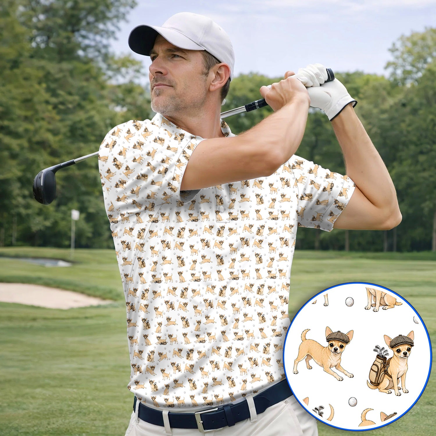 Funny Chihuahua Golf Polos, Cute Chihuahua Pattern Golf Shirt for Dog Lovers, Golf Gift For Golfer