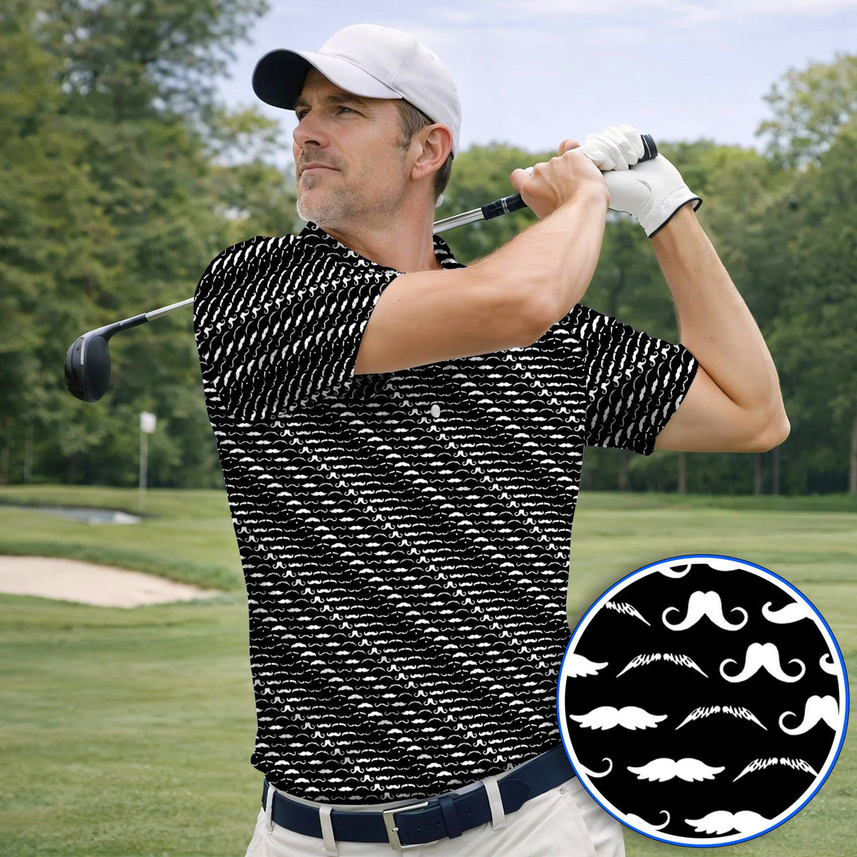 Funny Mustache Golf Polos, Movember Pattern Golf Shirt, Golf Gift for Golfers