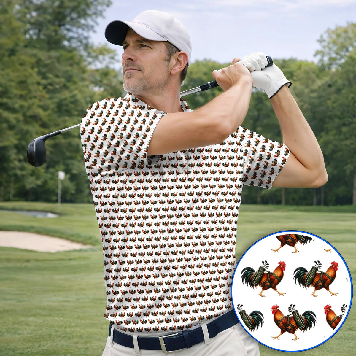 Rooster Pattern Golf Polos, Rooster Golf Shirt For Chicken Lovers, Golf Gift For Golfer