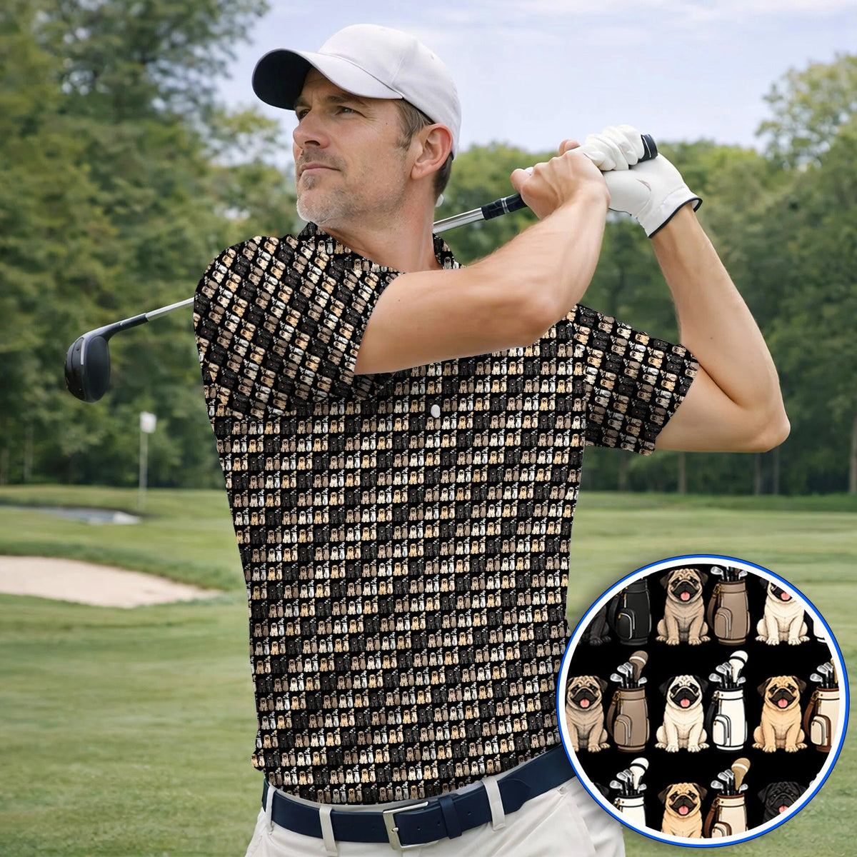 Funny Pug Golf Polos, Pug Pattern Golf Shirt For Dog Lovers, Golf Gift For Golfers