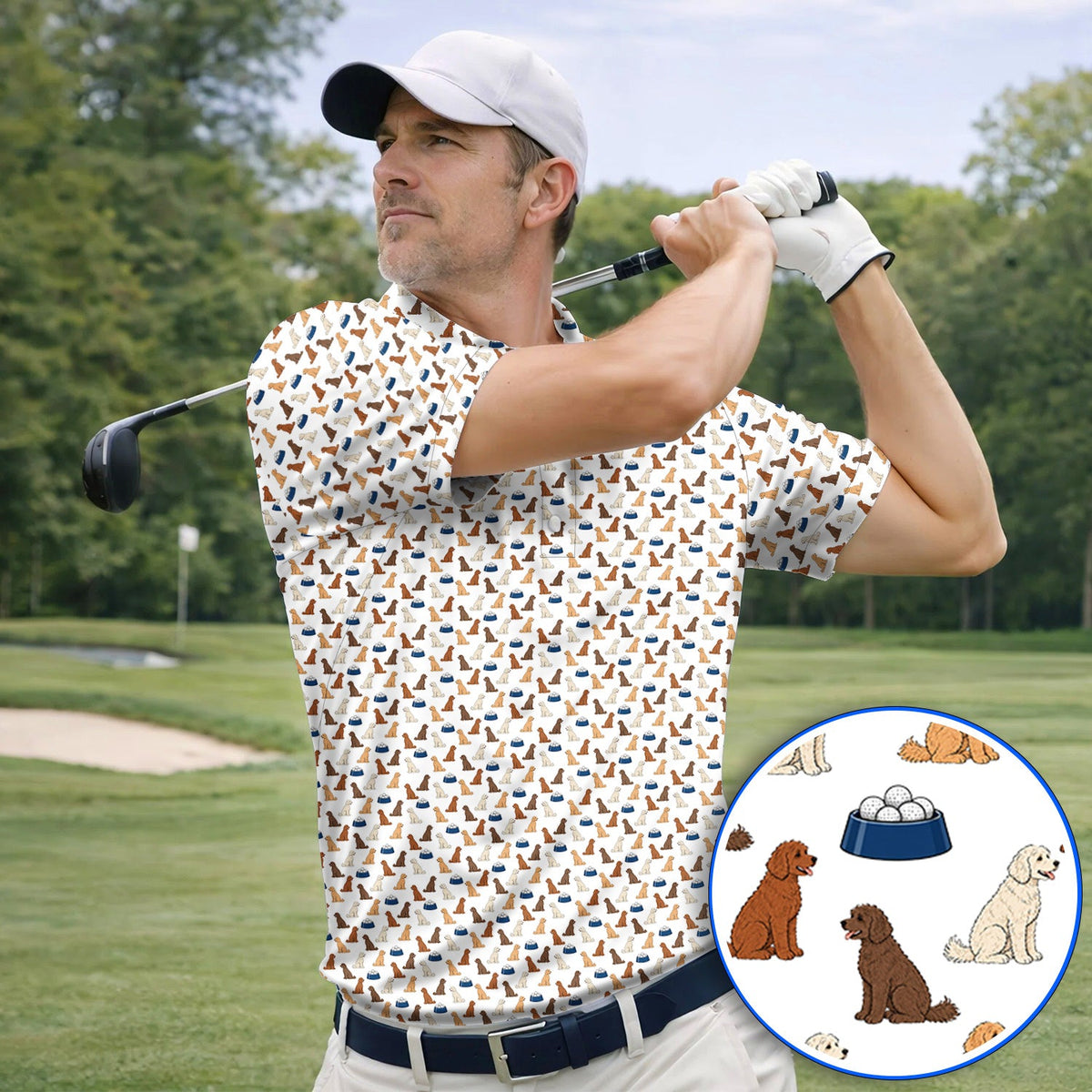 Funny Goldendoodle Pattern Golf Polos, Doodle Dog & Golf Ball Shirt, Golf Gift for Golfers