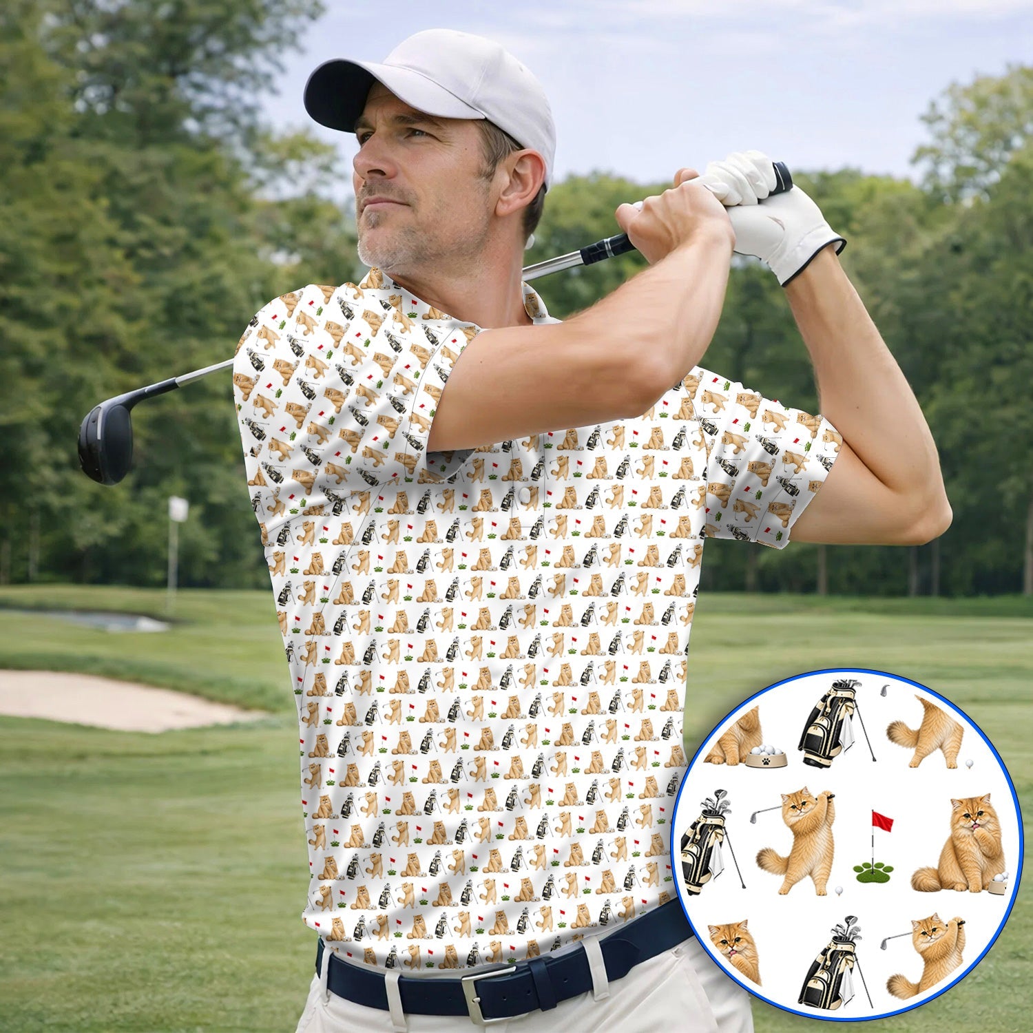 Golden British Longhair Golf Polos, Cute Golden British Longhair Pattern Golf Shirt, Golf Gift for Cat Lovers