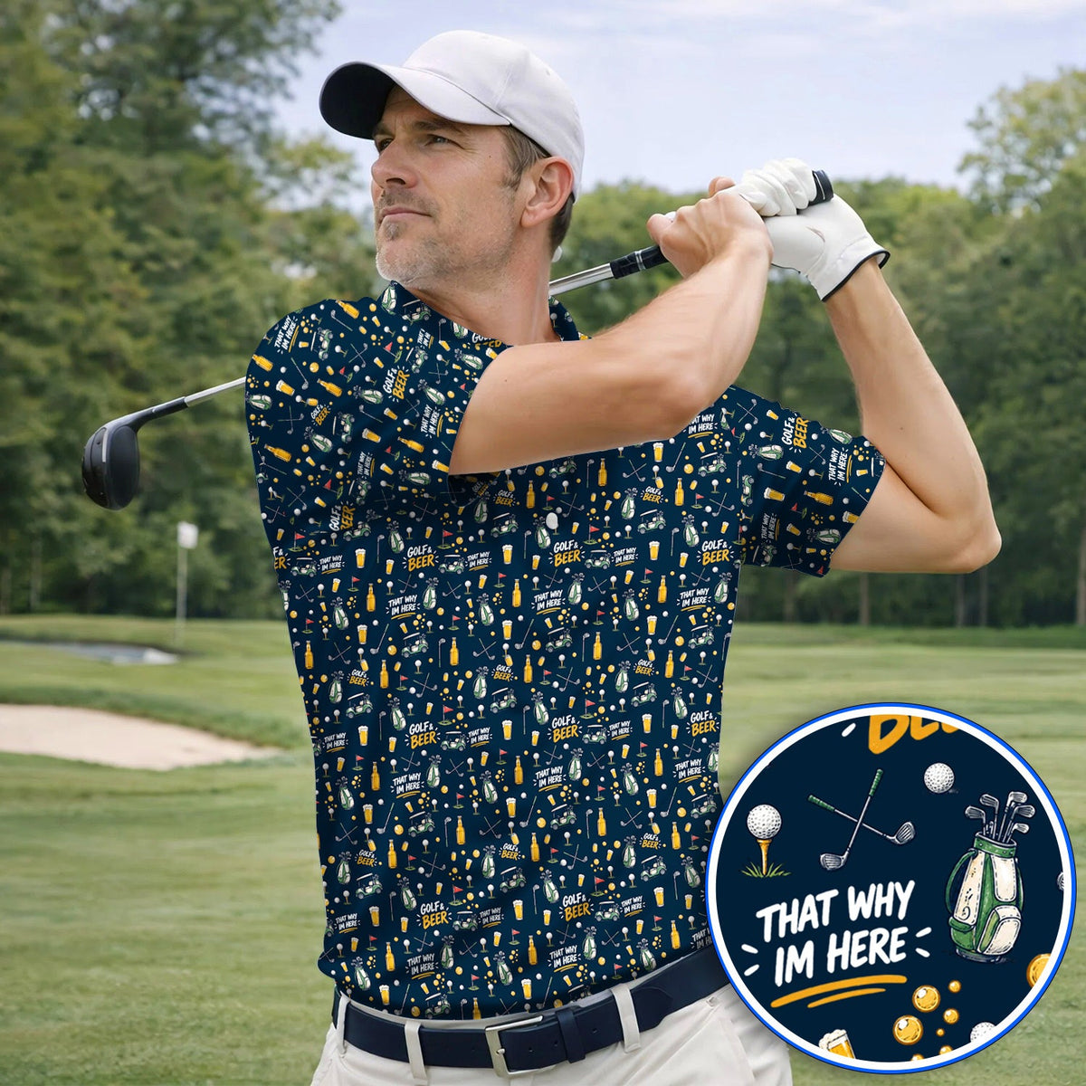 Funny Golf & Beer Shirt, Golf Cart And Beer Pattern Golf Polos, That’s Why I’m Here Golf Gift For Golfer