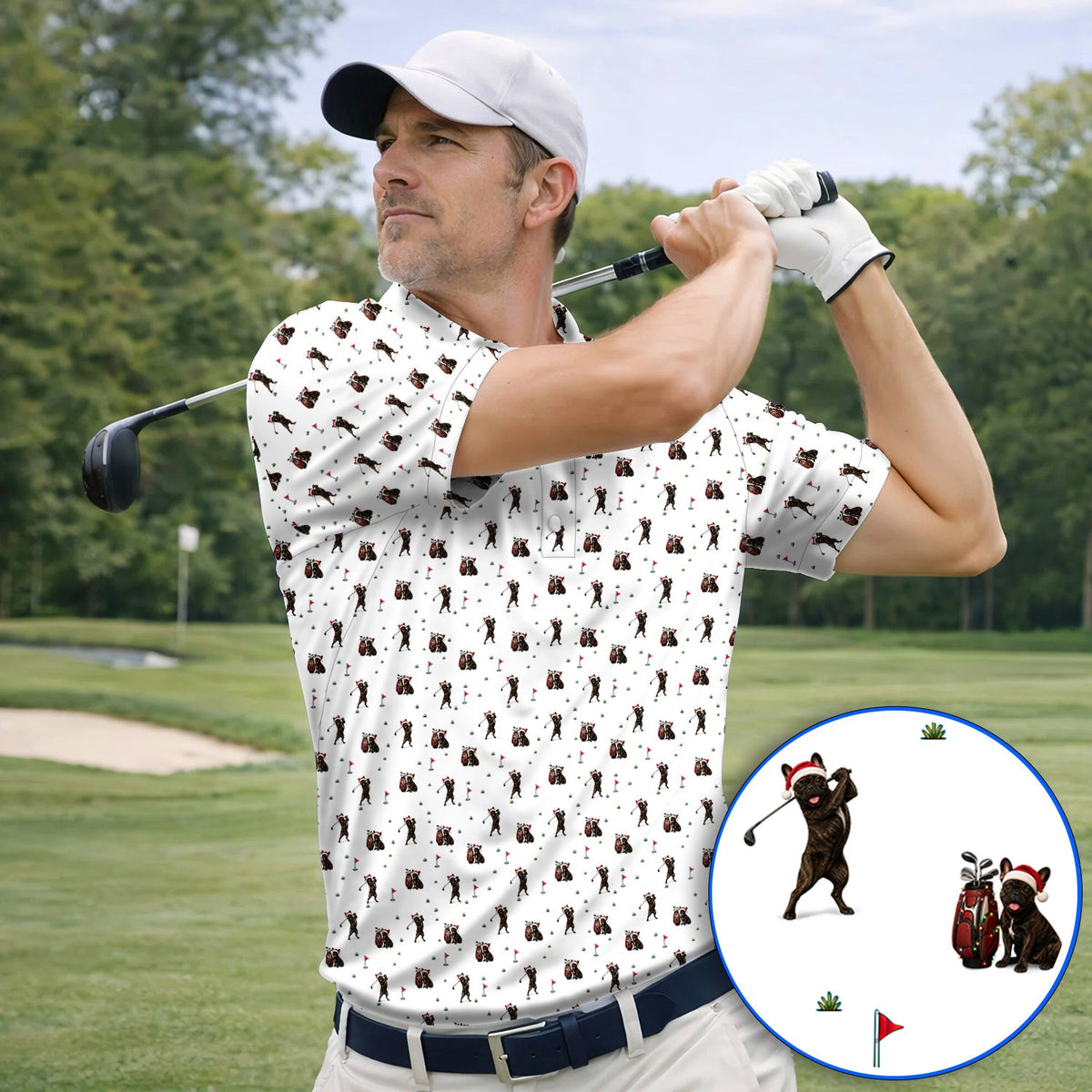 Christmas French BullDog Golfer Polos, Xmas French BullDog Golf Pattern Shirt, Holiday Golf Gift for Golfers