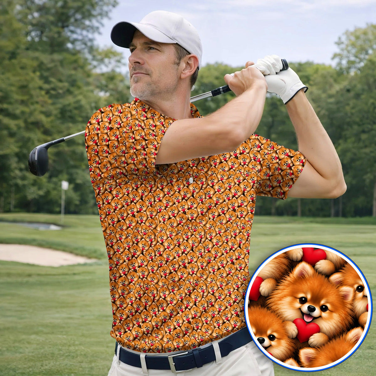 Cute Pomeranian Hearts Pattern Golf Polos, Funny Golf Shirt For Dog Lovers, Golf Gift For Golfers