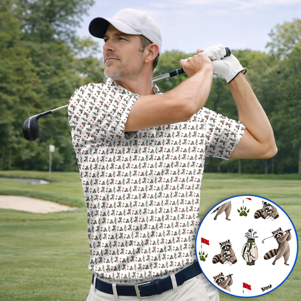 Raccoon Golf Pattern Polos, Funny Raccoon Golf Shirt, Woodland Golf Gift For Golfers