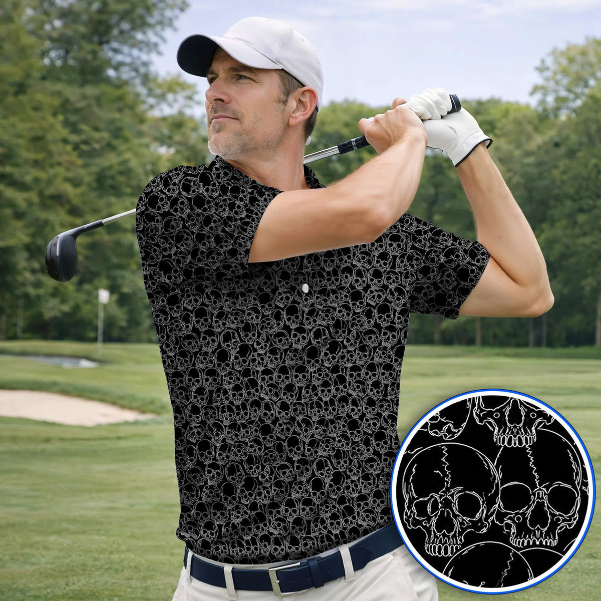 Skull Pattern Golf Polos, Skeleton Print Golf Shirt, Unique Golf Gift For Golfer