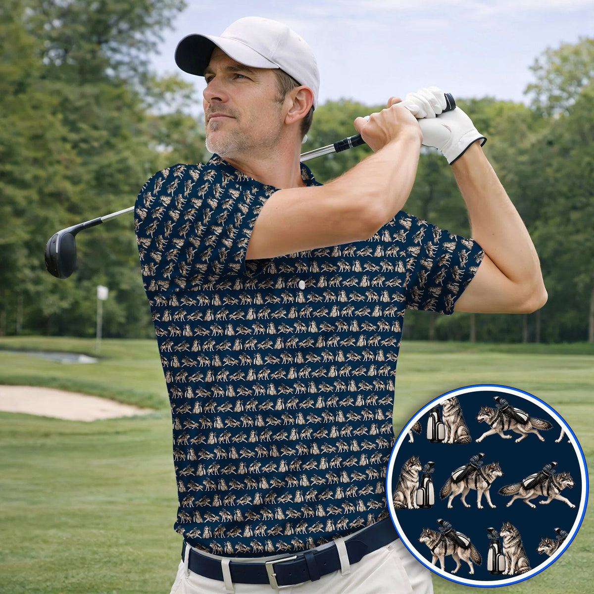 Wolf Golf Pattern Polos, Wild Wolf Golfing Shirt, Unique Wolf Golf Gift for Golfers