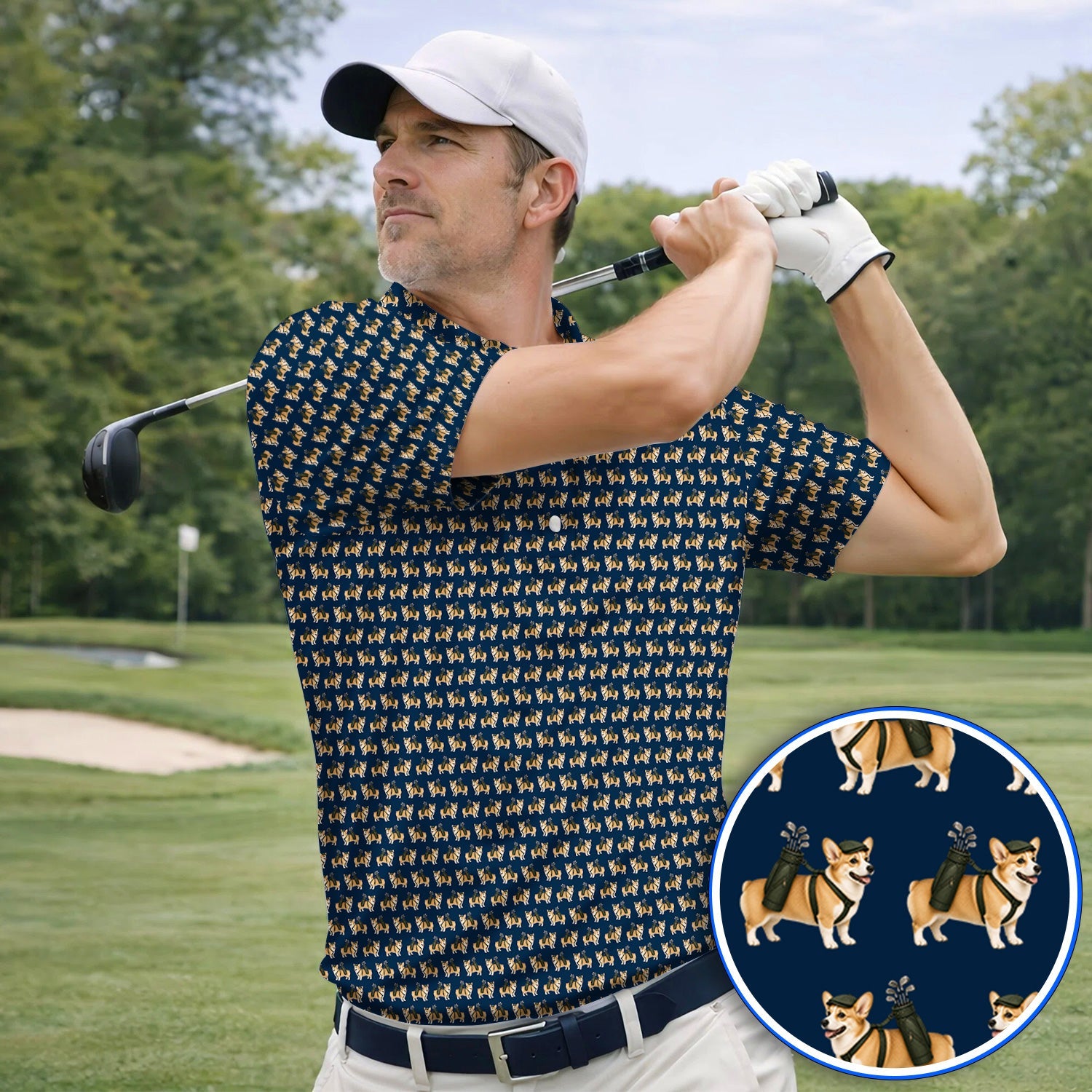 Funny Corgi Golf Polos For Golfer, Corgi Pattern Golf Shirt, Dog Lover Golf Gift