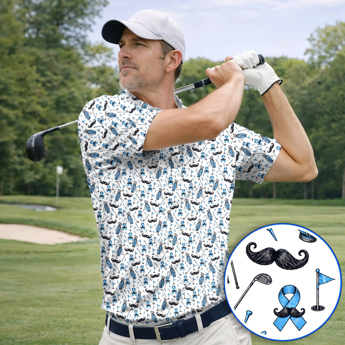 Prostate Cancer Golf Polos, Blue Ribbon Pattern Golf Shirt, Crazy Golf Gift For Golfers