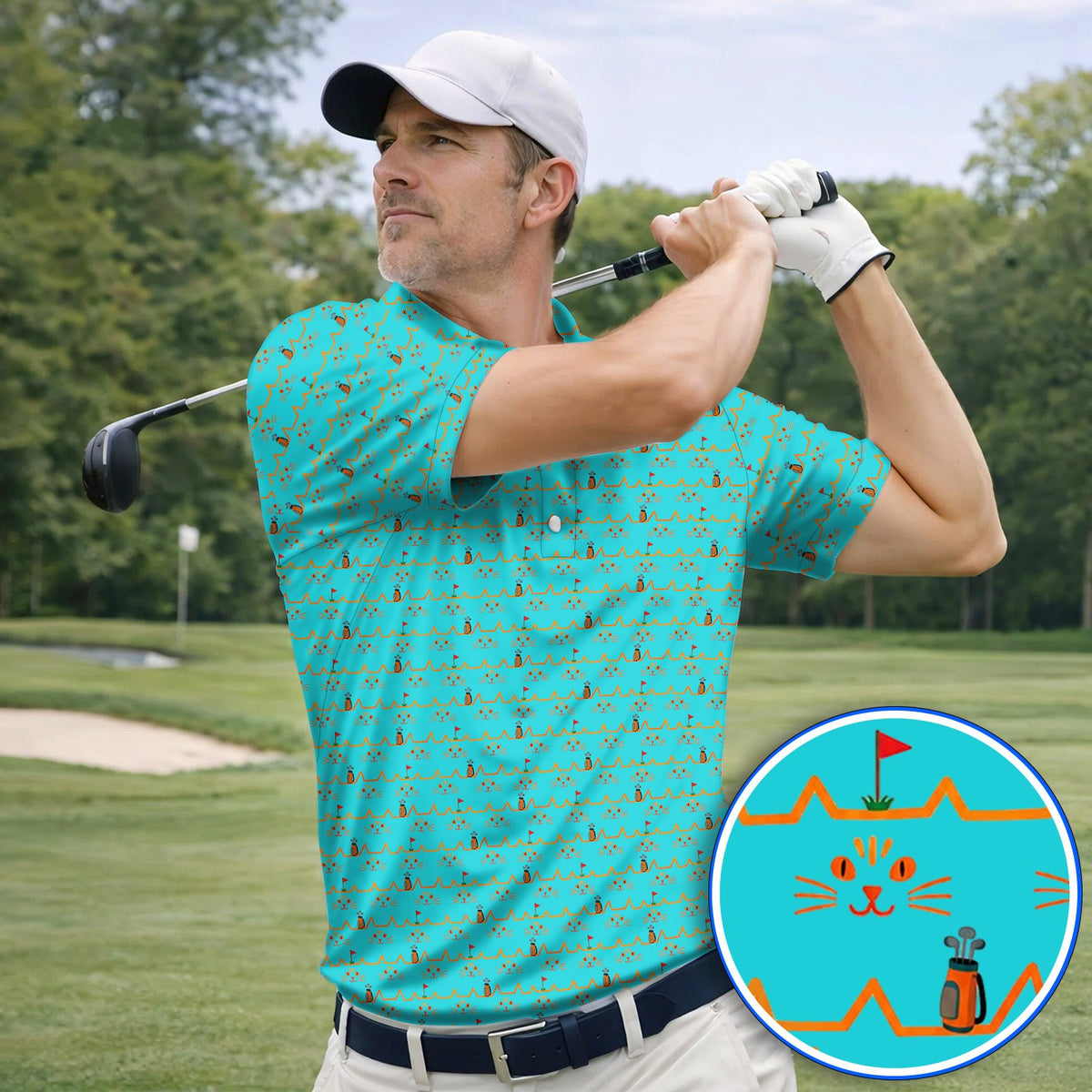Cat Lover Golf Shirt, Turquoise Cat Face & Golf Bag Pattern Golf Polos, Funny Kitty Golf Gift for Golfers