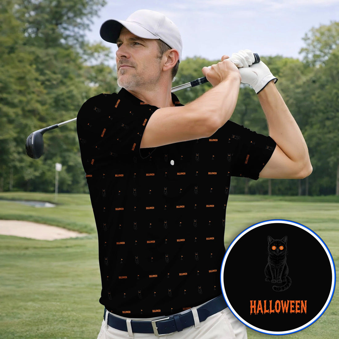 Black Cat Halloween Golf Polos, Spooky Cat Pattern Golf Shirt for Halloween Lovers, Funny Golf Gift for Golfers