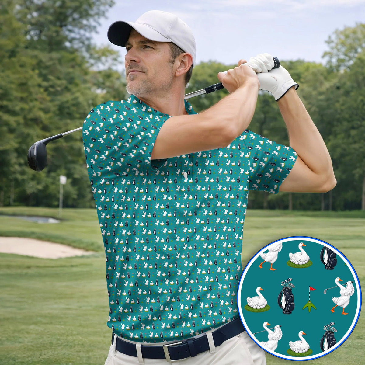 Funny Goose Golf Polos, Teal Goose & Golf Pattern Shirt, Golf Apparel Gift For Golfer