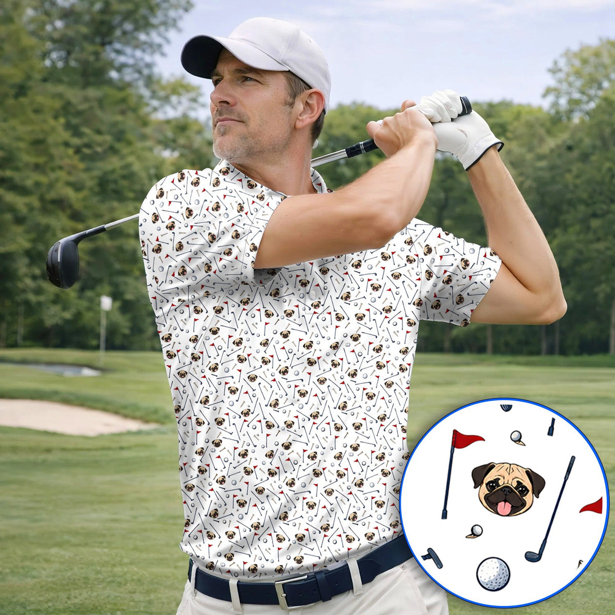 Pug Pattern Golf Polos, Pug Golf Shirt For Dog Lovers, Crazy Golf Gift For Golfers