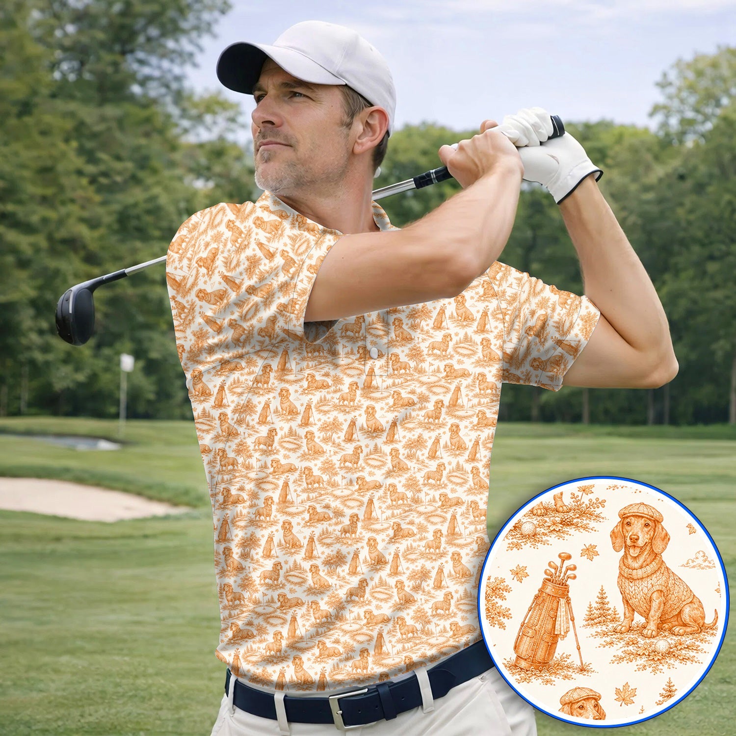 Dachshund Toile de Jouy Golf Polos, Autumn Wiener Dog Pattern Golf Shirt, Crazy Golf Gift For Golfer