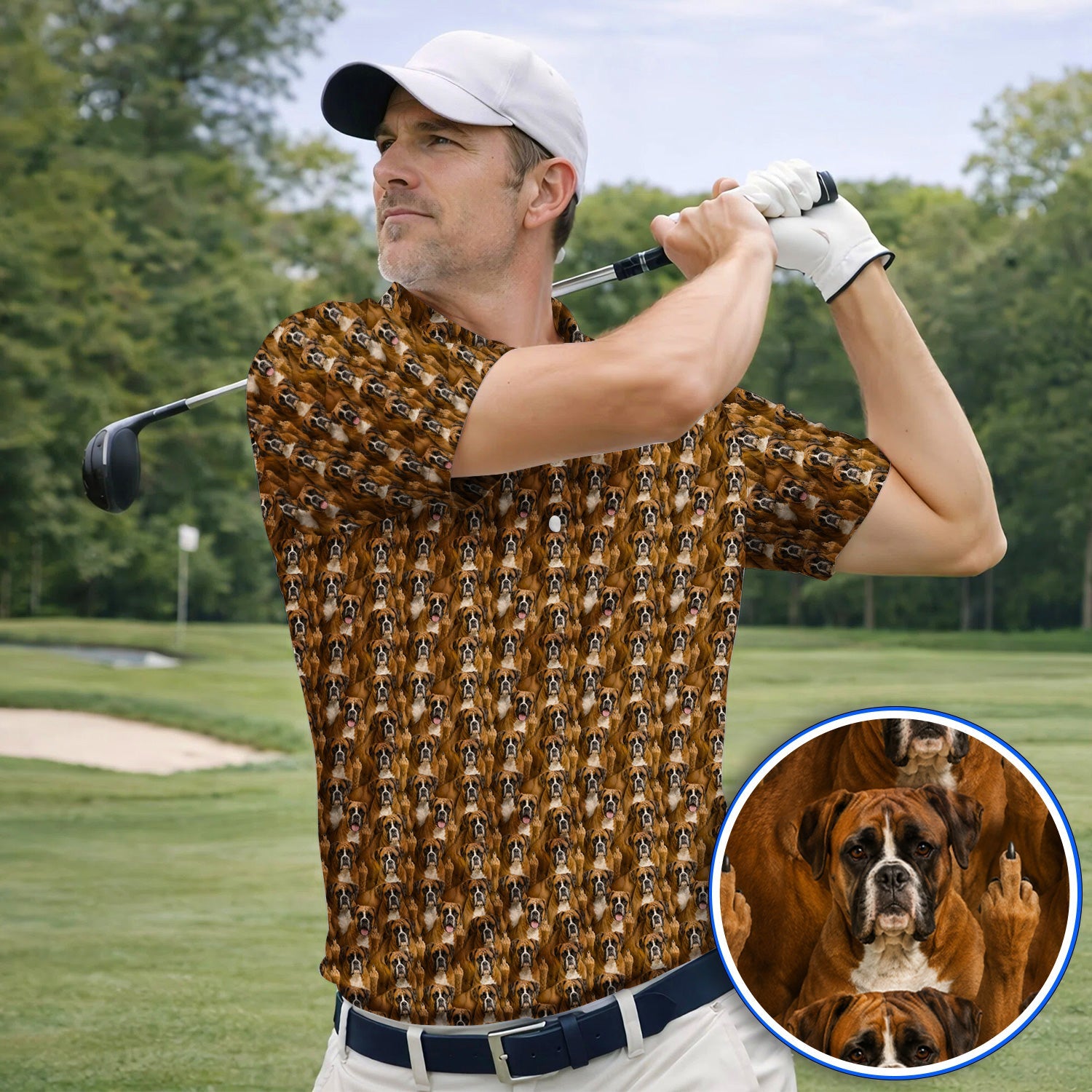 Crazy Boxer Middle Finger Golf Polos, Boxer Pattern Golf Shirt for Golfer, Golf Gift for Dog Lovers