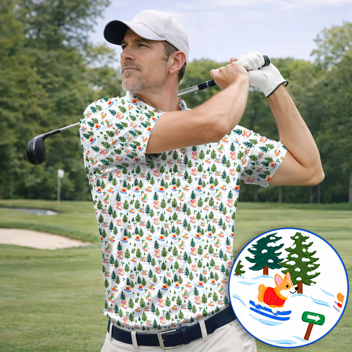 Corgi Christmas Golf Polos, Xmas Corgi Pattern Golf Shirt, Funny Golf Gift For Golfers
