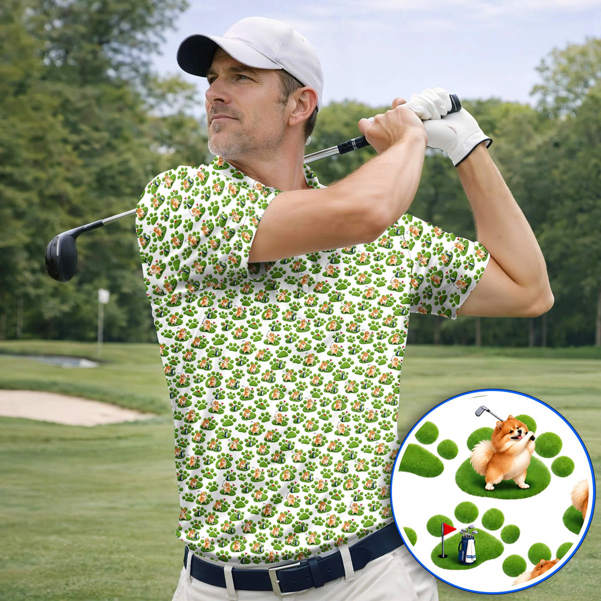 Pomeranian Paw Pattern Golf Polos, Cute Fluffy Pom Dog Pattern Golf Shirt, Crazy Golf Gift For Golfers