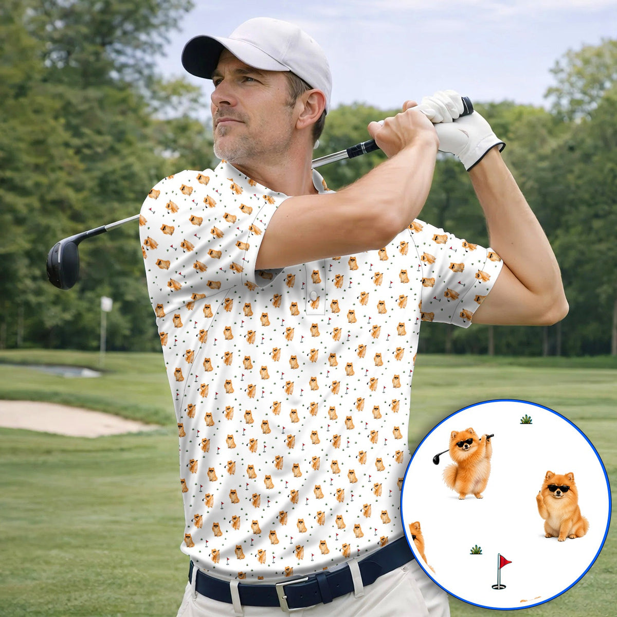 Golden Pomeranian Pattern Golf Polos, Cute Pomeranian Dog Golf Shirt, Golf Gift For Golfer