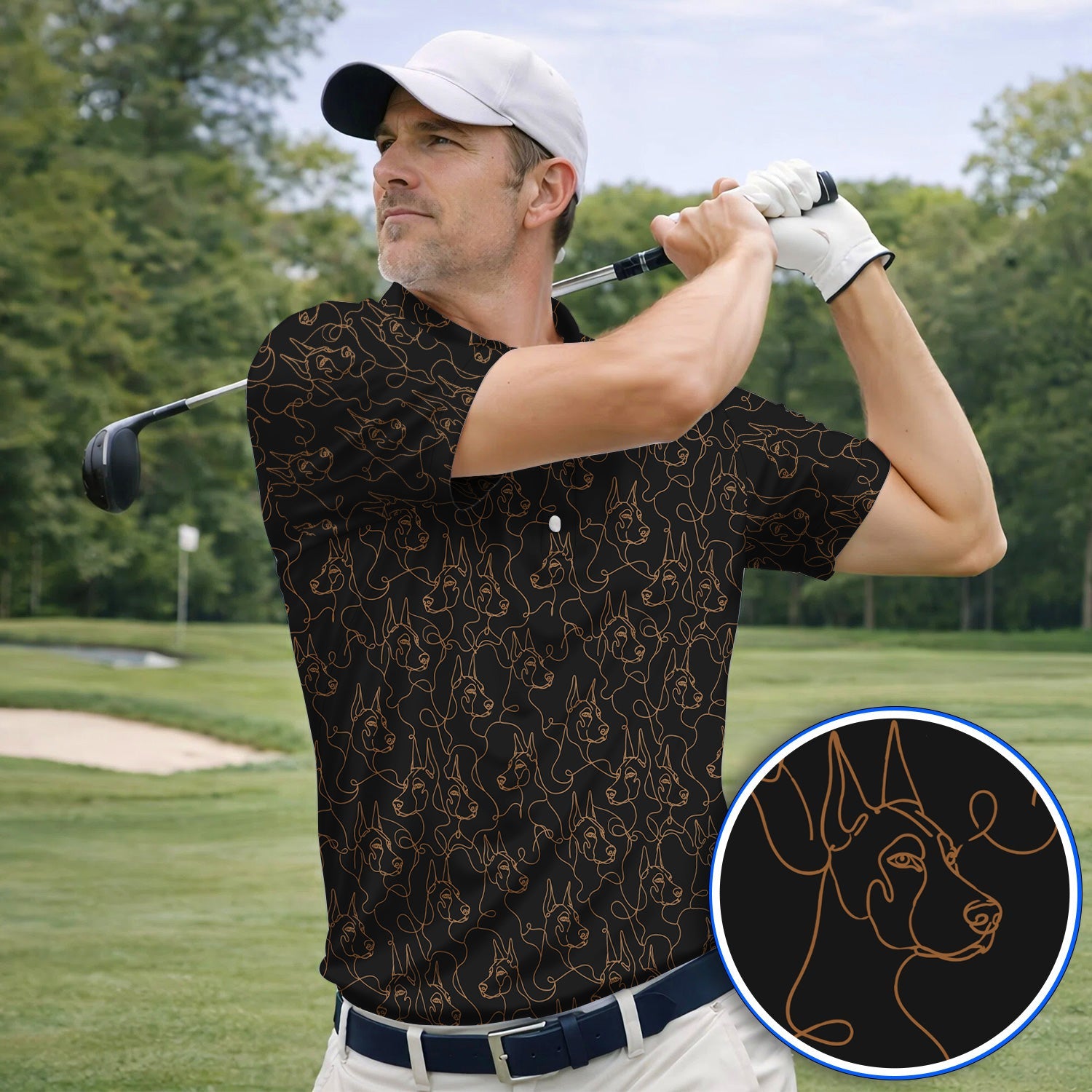 Doberman Line Art Golf Polos, Minimalist Doberman Pattern Golf Shirt, Dog Lover Golf Gift