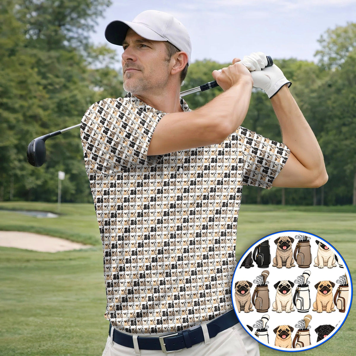 Funny Pug Golf Polos, Pug Pattern Golf Shirt For Dog Lovers, Golf Gift For Golfers