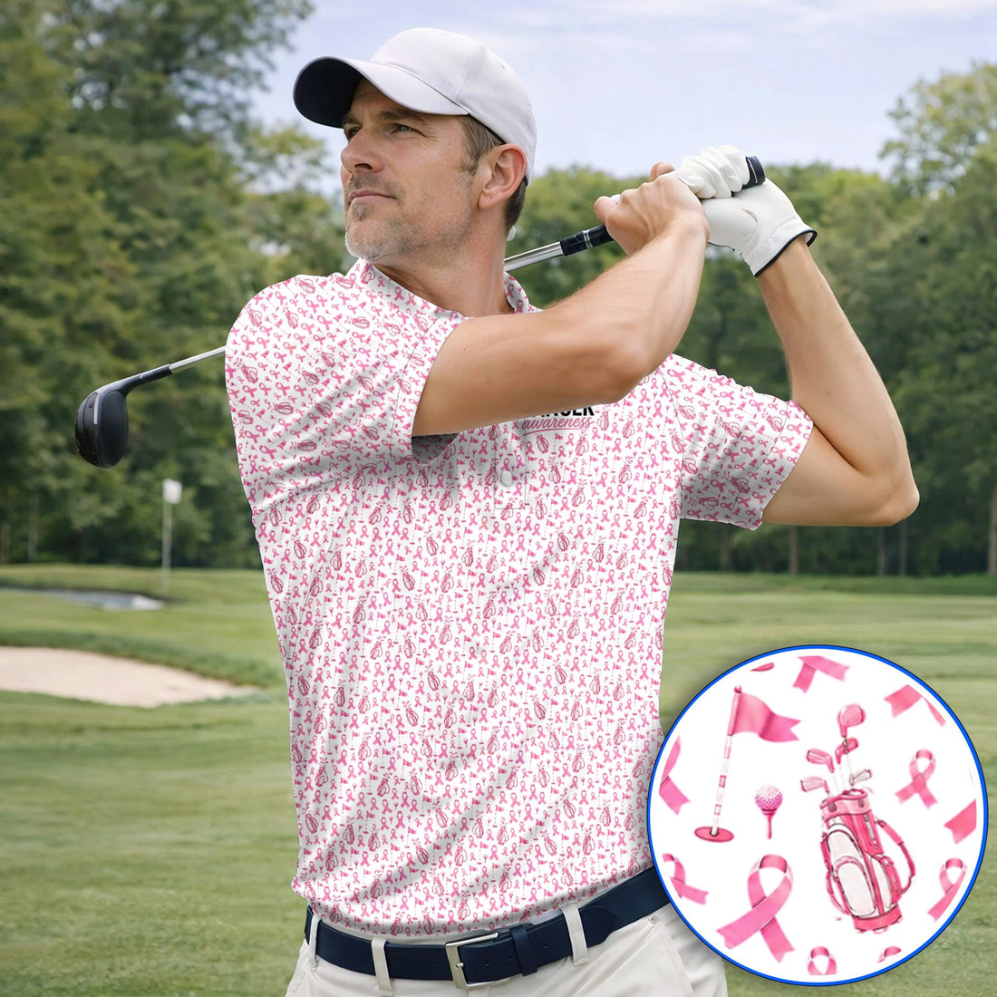 Breast Cancer Awareness Golf Polos, Pink Ribbon Golf Bag Pattern Shirt, October Golf Gift for Golfer