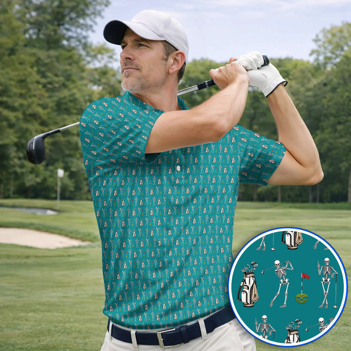 Skeleton Pattern Golf Polos, Funny Skeleton Golf Shirt, Golf Gift For Golfer
