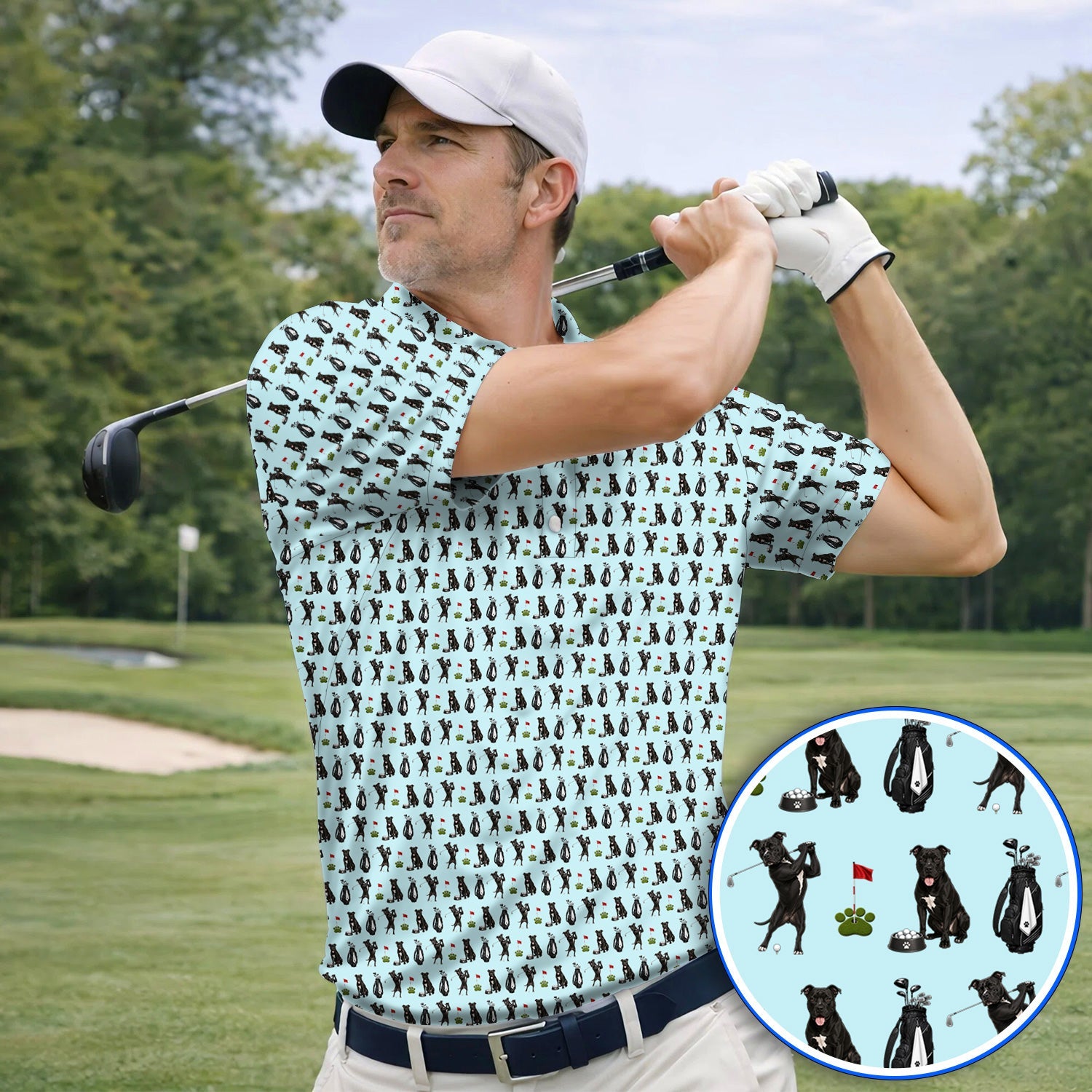 Funny Pit Bull Golf Pattern Polos, Black Pit Bull Golf Shirt for Golfer, Golf Gift For Dog Lovers