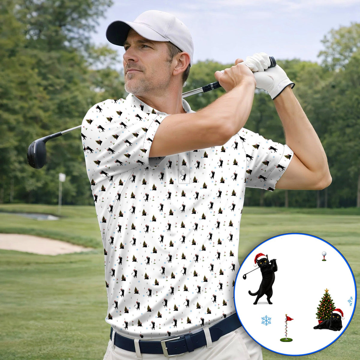Black Cat Christmas Golf Shirt, Funny Cat Pattern Golf Polos, Xmas Golf Gift for Golfers