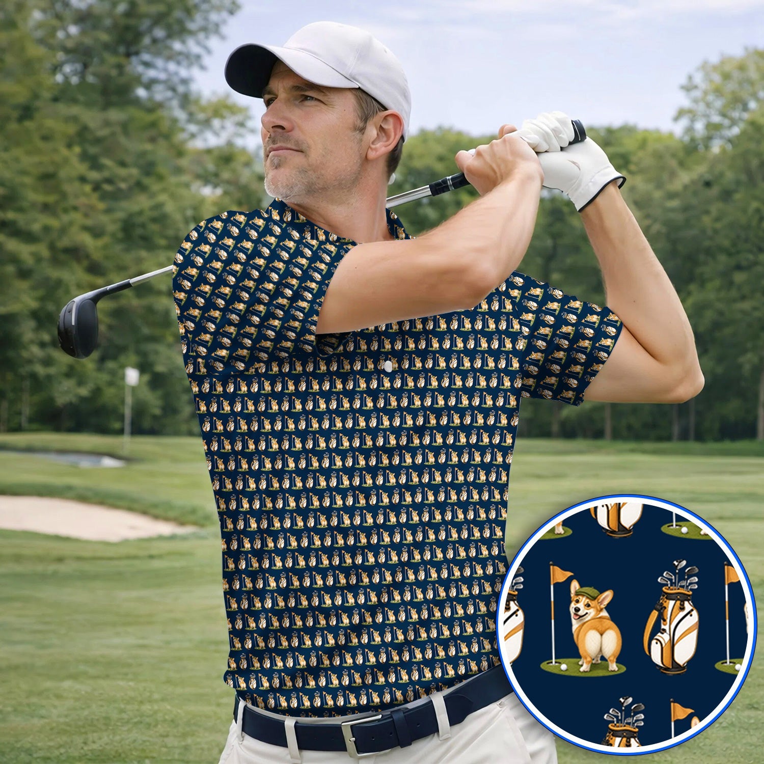 Funny Corgi Golf Polos, Corgi Pattern Golf Shirt, Golf Gift For Golfer