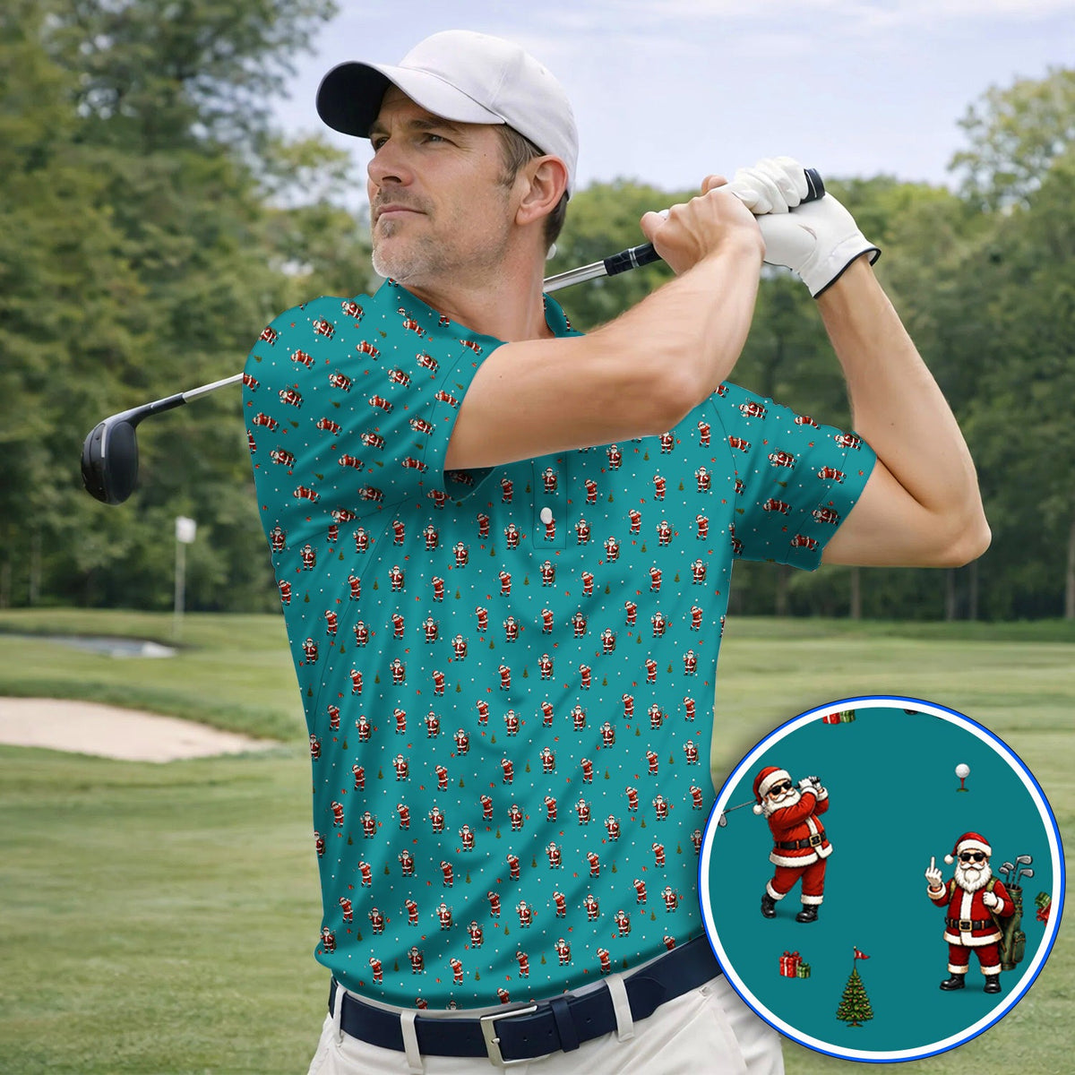 Funny Santa Pattern Golf Shirt, Xmas Golf Shirt For Golfers, Christmas Golf Gift For Holiday